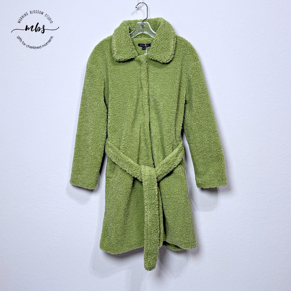 NWT Hers & Mine Teddy Wrap Coat Faux Shearling Green Belted‎ Women S